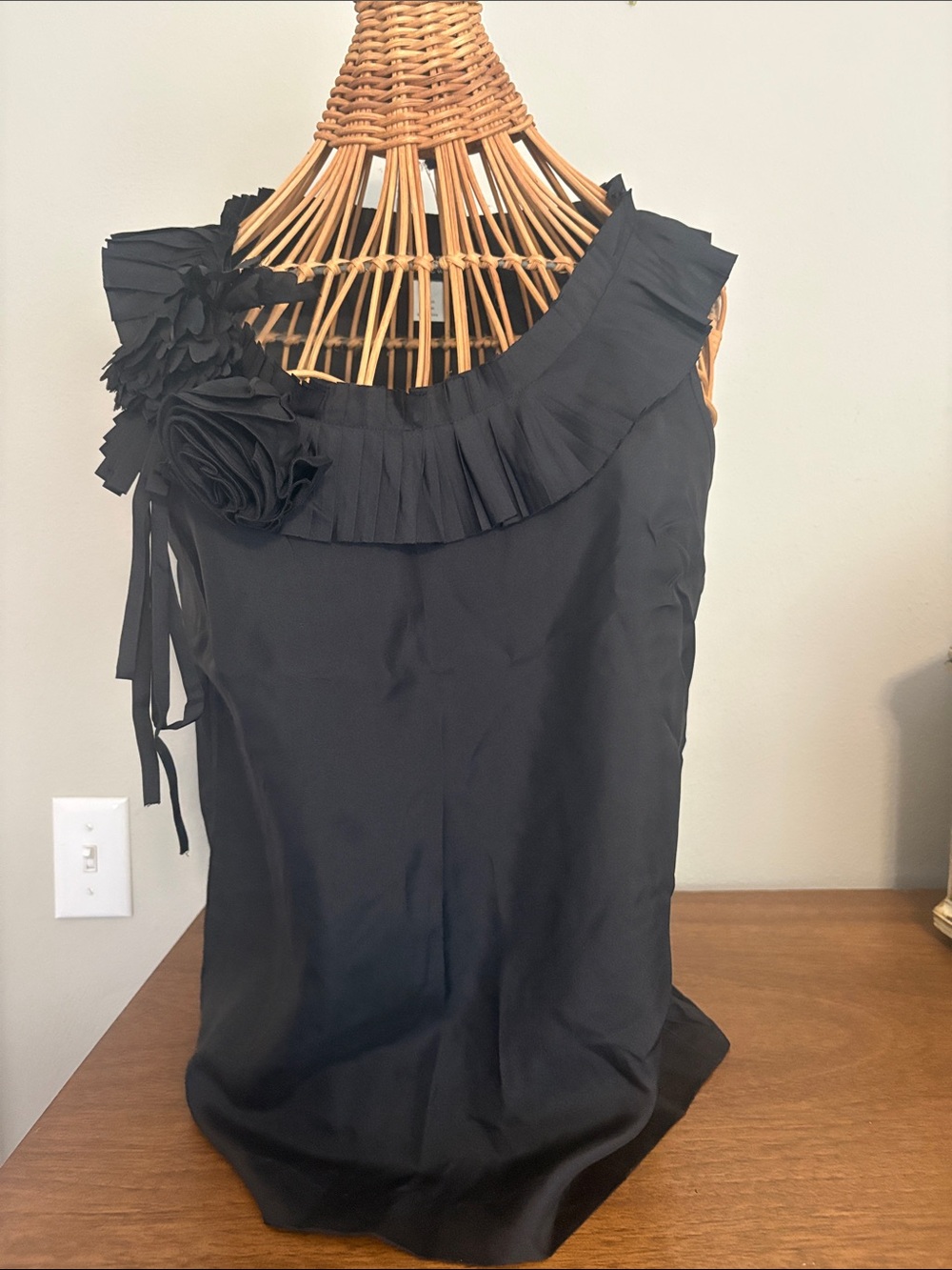 J. Crew Black Sleeveless Ruffle Blouse with Floral Appliqué